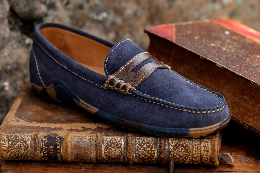Bill Water Repellent Suede Leather Penny Loafers - Navy