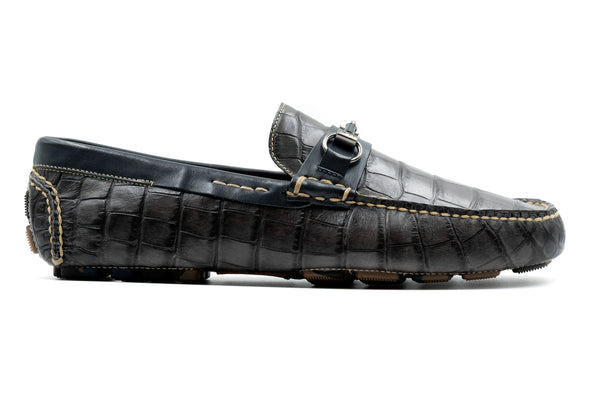 Monte Carlo Alligator Grain Leather Horse Bit Driving Loafers - Midnight