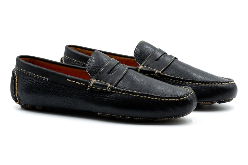 Monte Carlo Tumbled Glove Leather Penny Driving Loafers - Black