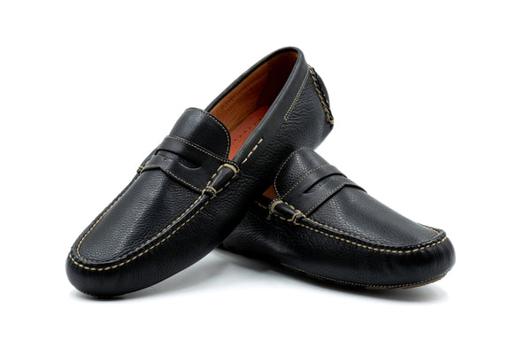 Monte Carlo Tumbled Glove Leather Penny Driving Loafers - Black