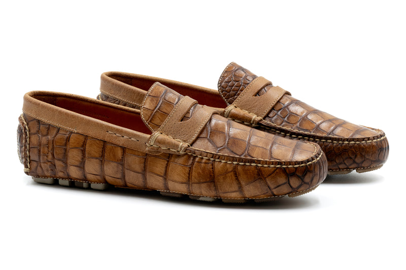 Monte Carlo Alligator Grain Leather Penny Driving Loafers - Honey