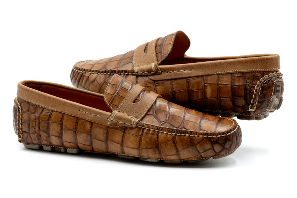 Monte Carlo Alligator Grain Leather Penny Driving Loafers - Honey