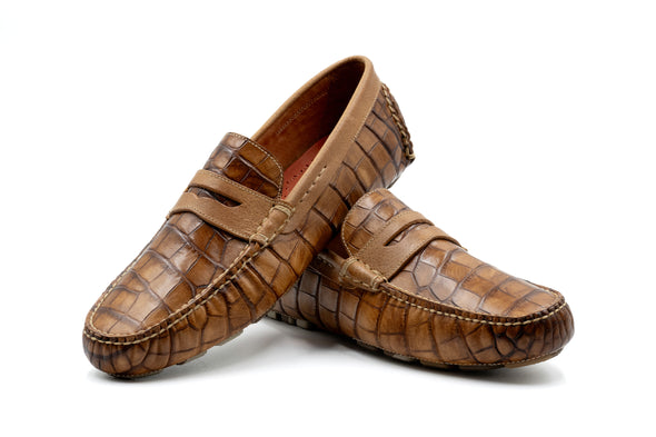 Monte Carlo Alligator Grain Leather Penny Driving Loafers - Honey