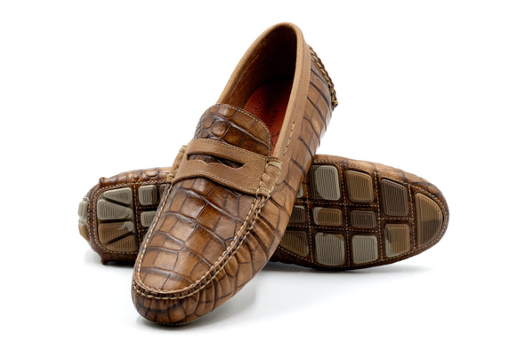 Monte Carlo Alligator Grain Leather Penny Driving Loafers - Honey