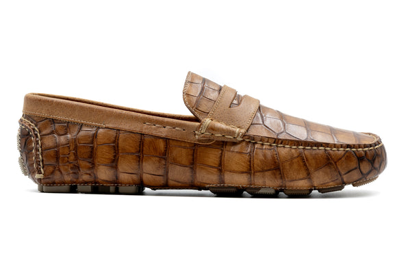 Monte Carlo Alligator Grain Leather Penny Driving Loafers - Honey