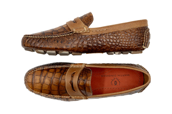Monte Carlo Alligator Grain Leather Penny Driving Loafers - Honey