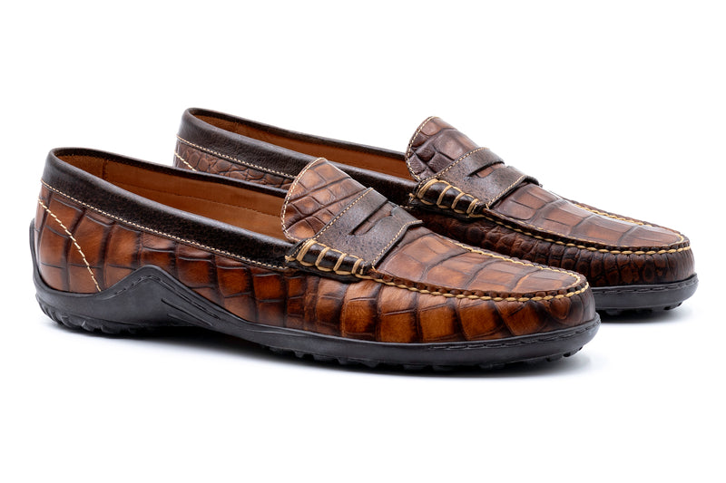 Bill Alligator Grain Penny Loafers - Chestnut