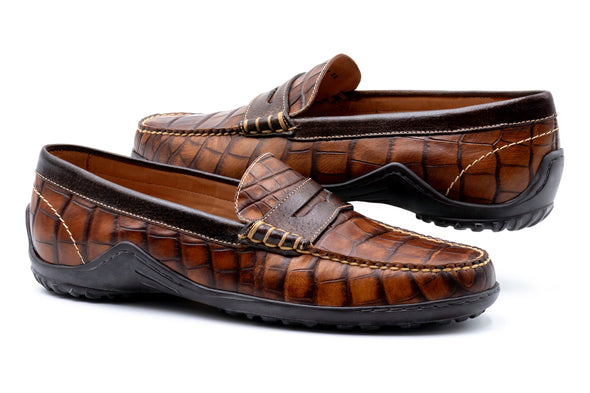 Bill Alligator Grain Penny Loafers - Chestnut