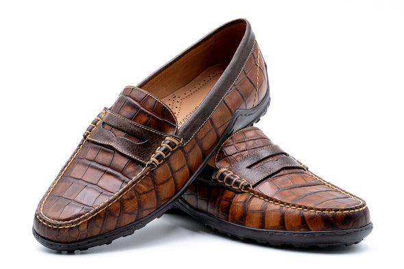 Bill Alligator Grain Penny Loafers - Chestnut
