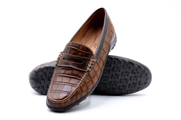 Bill Alligator Grain Penny Loafers - Chestnut