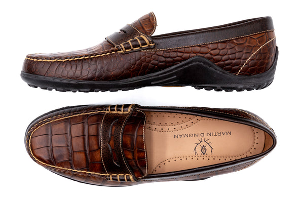 Bill Alligator Grain Penny Loafers - Chestnut