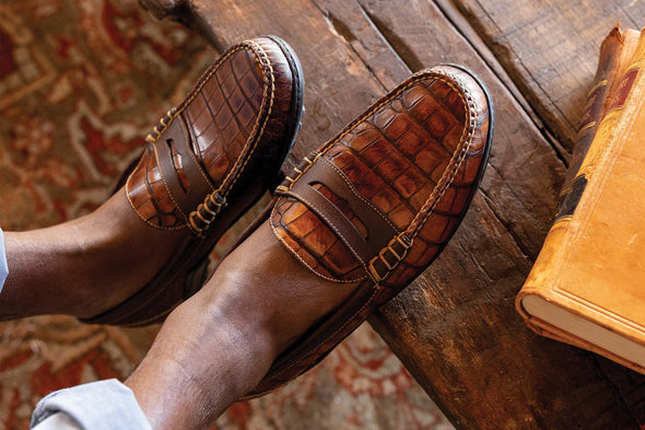 Bill Alligator Grain Penny Loafers - Chestnut