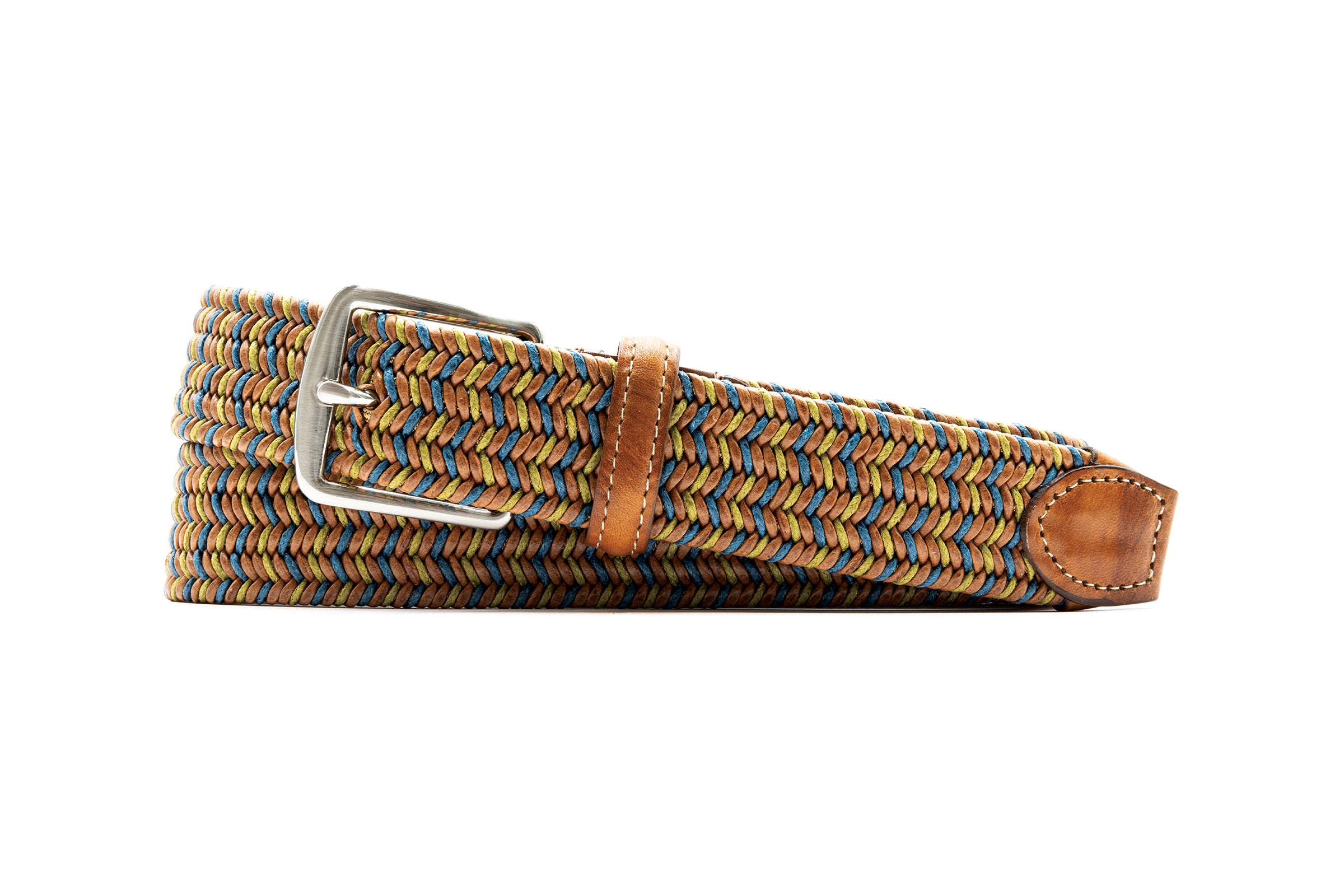 Savannah Braided Italian Leather and Linen Elastic Belt - Tropical Multi