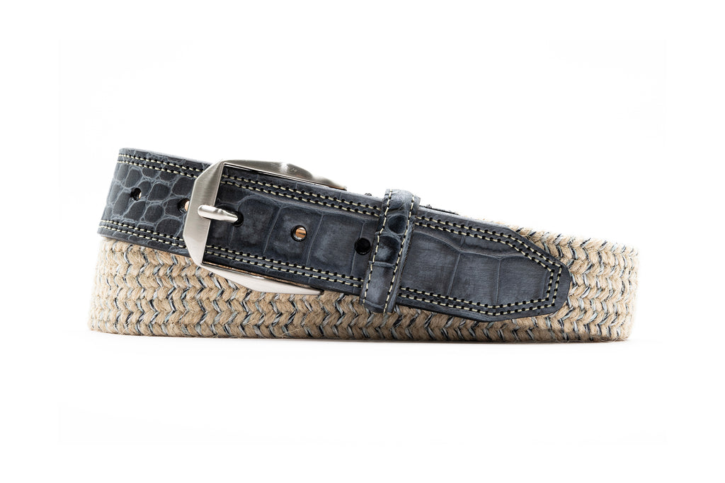 Brooks Italian Linen and Elastic Braided Belt - Steel Blue with Hand Finished Italian Alligator Grain Tab