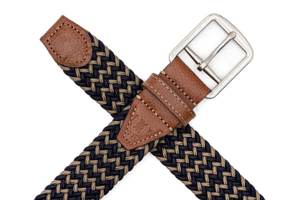 Newport Woven Italian Rayon Elastic Belt - Navy/British Tan