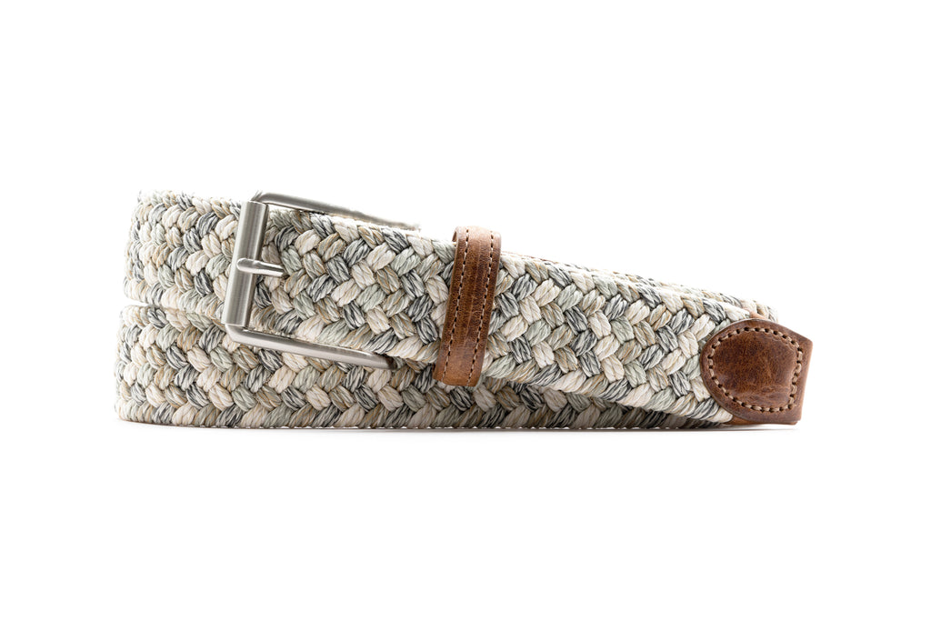 Como Braided Italian Linen and Elastic Belt  - Sand Dollar Multi with Bridle Leather Trim