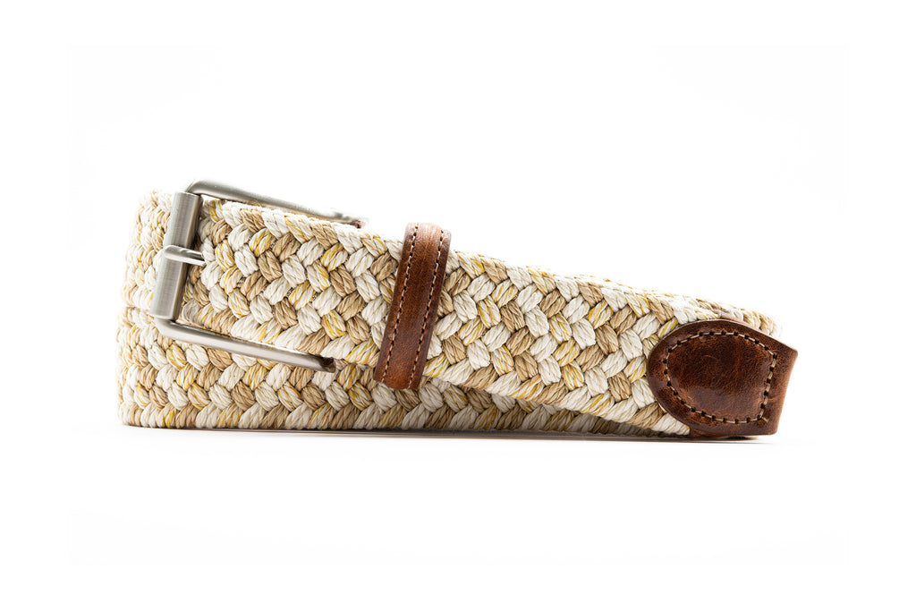 Como Braided Italian Linen and Elastic Belt - Sand Multi with Bridle Leather Trim