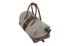 Back Side View of Woodland Quilted Oxford Canvas Duffel - Stone with Camo Saddle Leather Trim