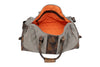 Front View of Woodland Quilted Oxford Canvas Duffel - Stone with Camo Saddle Leather Trim with Clamshell Zipper Open featuring Signature Orange Cotton Twill Lining