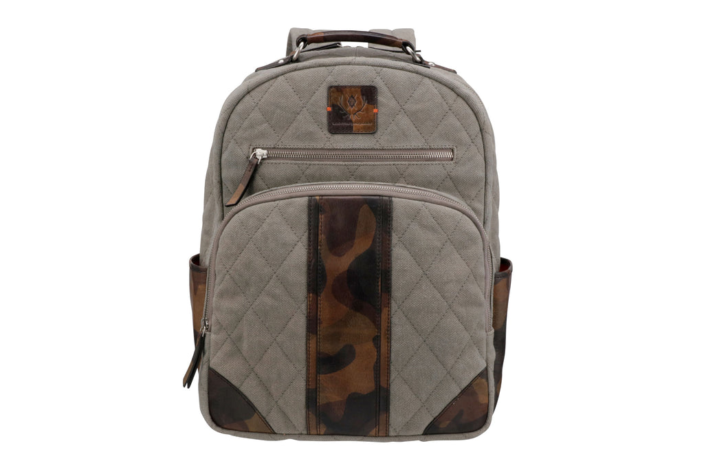 Front View of Woodland Quilted Oxford Canvas Backpack - Stone with Camo Saddle Leather Trim