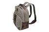 Side View of Woodland Quilted Oxford Canvas Backpack - Stone with Camo Saddle Leather Trim