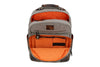 Front View of Woodland Quilted Oxford Canvas Backpack - Stone with Camo Saddle Leather Trim with all pockets open featuring Signature Orange Cotton Twill Lining 