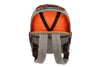 Back View of Woodland Quilted Oxford Canvas Backpack - Stone with Camo Saddle Leather Trim with all pockets open featuring Signature Orange Cotton Twill Lining