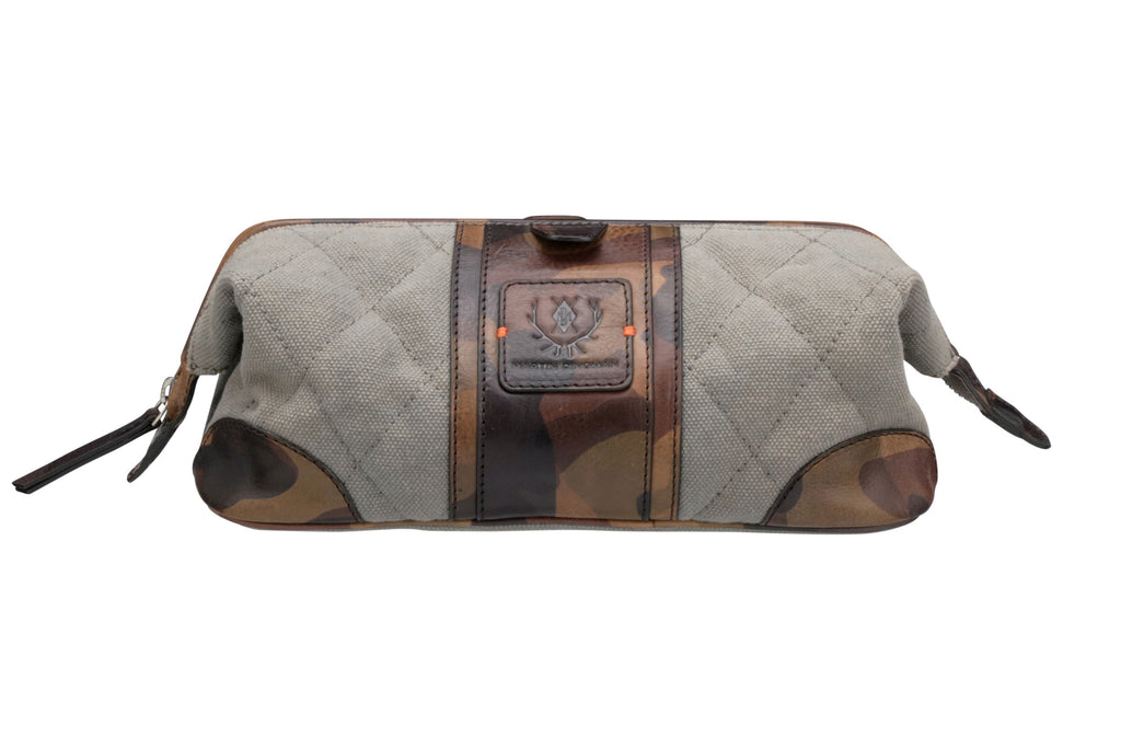 Front View of Woodland Quilted Oxford Canvas Shave Case - Stone with Camo Saddle Leather Trim