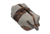 Front Side View of Woodland Quilted Oxford Canvas Shave Case - Stone with Camo Saddle Leather Trim
