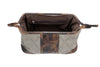 Front View of Woodland Quilted Oxford Canvas Shave Case - Stone with Camo Saddle Leather Trim with pocket open featuring Signature Orange Cotton Twill Lining