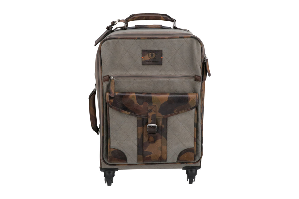 Front View of Woodland Quilted Oxford Canvas Trolley - Stone with Camo Saddle Leather Trim