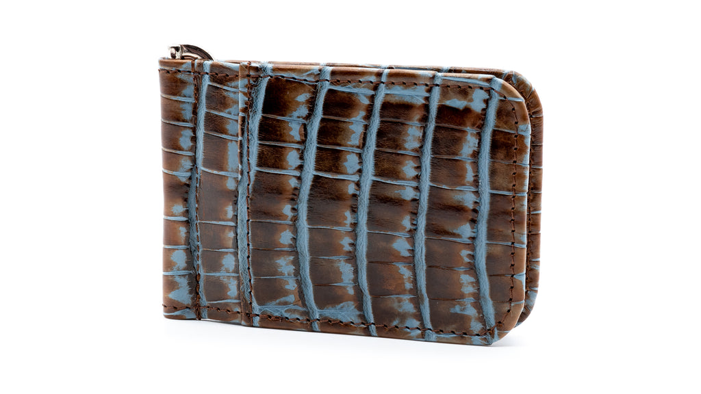 Jayden Hand Finished Glazed Genuine Crocodile Leather Credit Card Money Clip - Brown/Blue