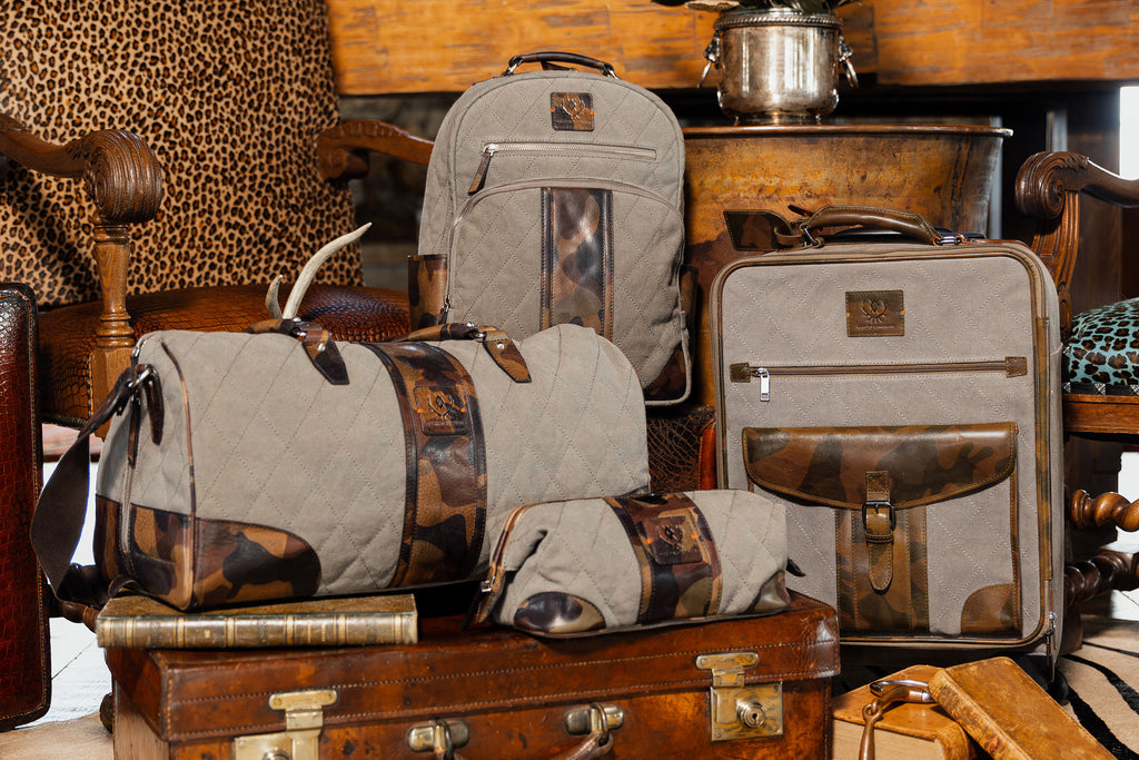 Collection of Woodland Quilted Oxford Canvas Bags featuring the Duffle, Backpack, Shave Case, and Trolley