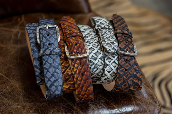Genuine Amazonian Arapaima Belts in the colors Steel Blue, Blackened Chestnut, Ash, and Blackened Walnut