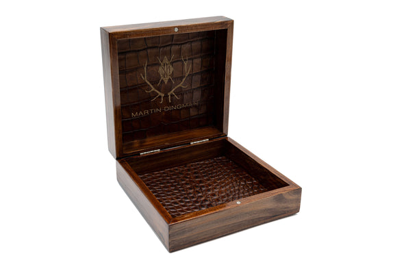 Open Martin Dingman Solid Wood Display Box lined with Alligator Grain Leather