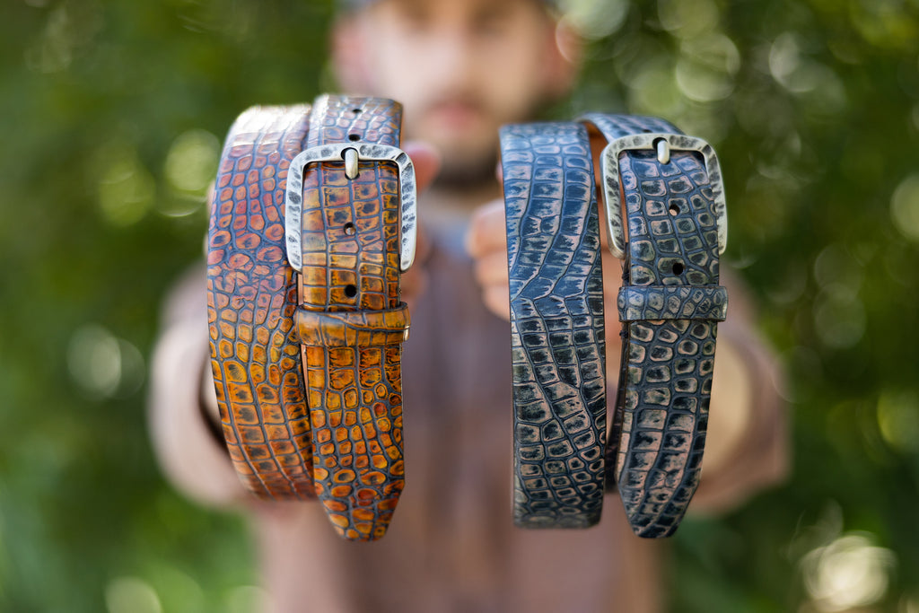 Tucson Hand Finished  Alligator Grain Italian Calf Leather Belts in the colors Sunset and Midnight