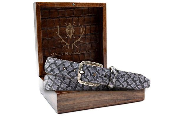 Genuine Amazonian Arapaima Belt - Steel Blue in front of Martin Dingman Solid Wood Display Box