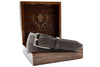 Genuine American Plains Bison Belt - Walnut in front of Martin Dingman Solid Wood Display Box