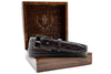 Matte Genuine American Alligator Belt - Walnut in front of Martin Dingman Solid Wood Display Box