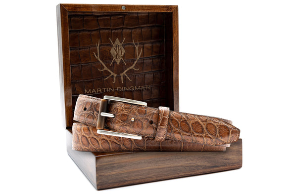 Vintage Genuine American Alligator Belt - Old Hickory in front of Martin Dingman Solid Wood Display Box