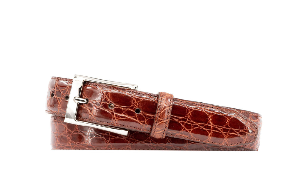Wallace 2 Buckle Glazed Genuine Freshwater Crocodile Leather Belt - Chestnut