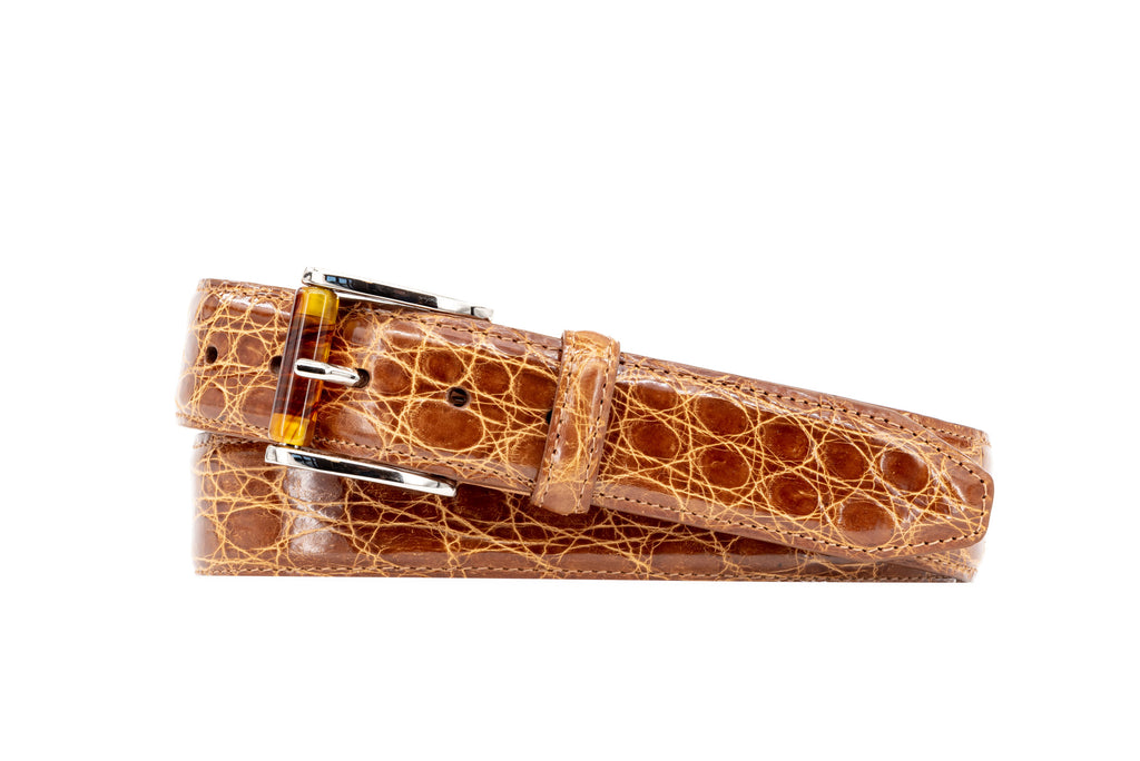 Wallace 2 Buckle Glazed Genuine Freshwater Crocodile Leather Belt - Honey