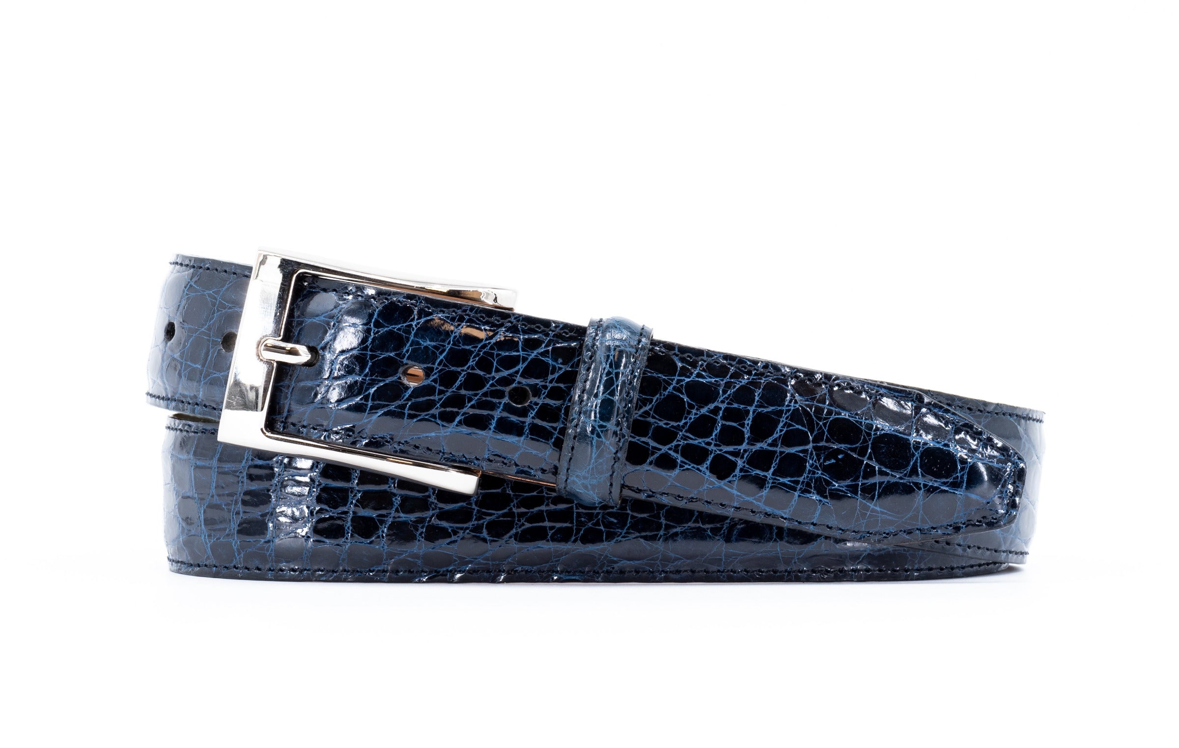 Wallace 2 Buckle Glazed Genuine Freshwater Crocodile Leather Belt - Navy, 32