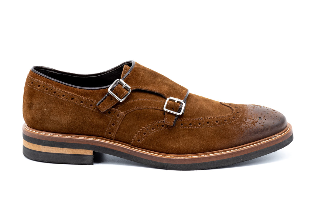 Tuscan Waxed Italian Suede Leather Double Monk Wingtip - Tobacco