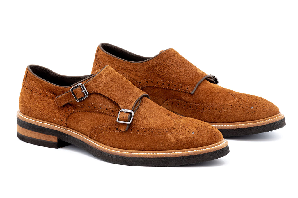 Tuscan Italian Calf Suede Leather Double Buckle Wingtip - Tobacco