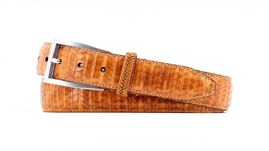 Beau "Seagrass Design" Italian Saddle Leather Belt - Saddle Tan