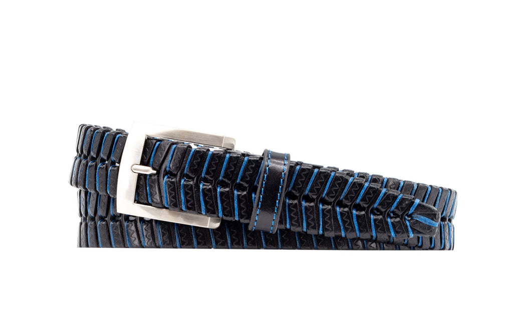Landon Hand Laced Saddle Leather Belt - Black/Blue