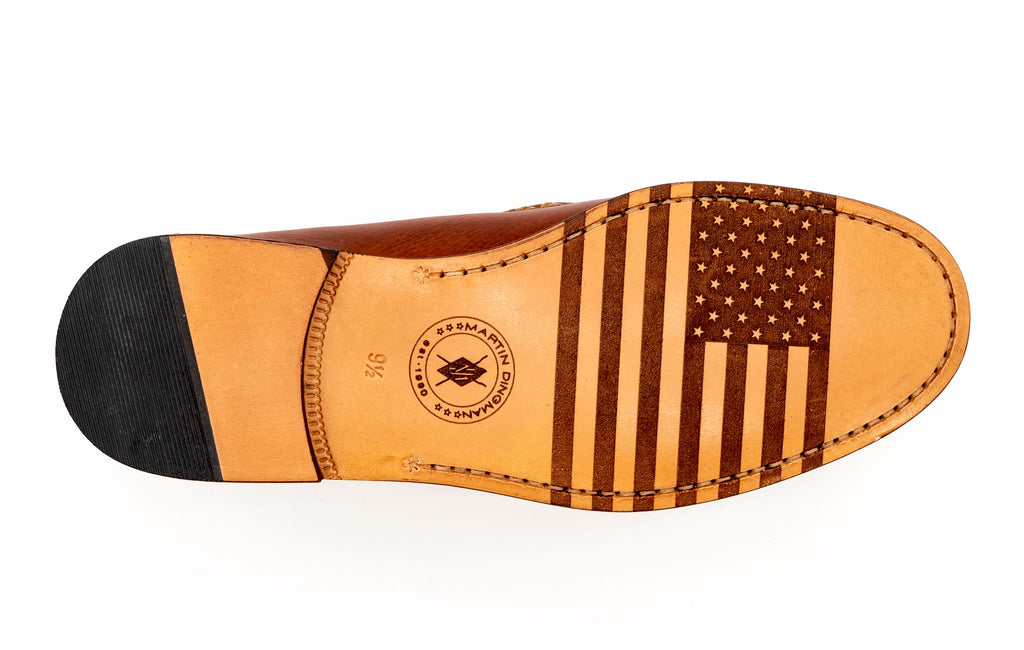 All American Oiled Saddle Leather Penny Loafers - Chestnut - American Flag