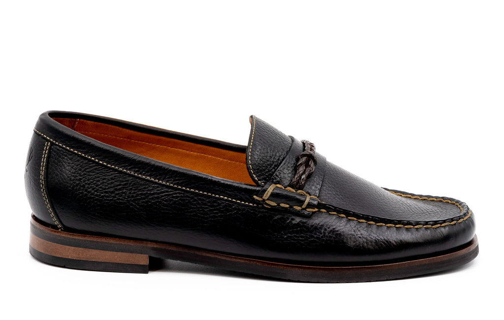Montgomery Pebble Grain Leather Braided Knot Loafers - Black