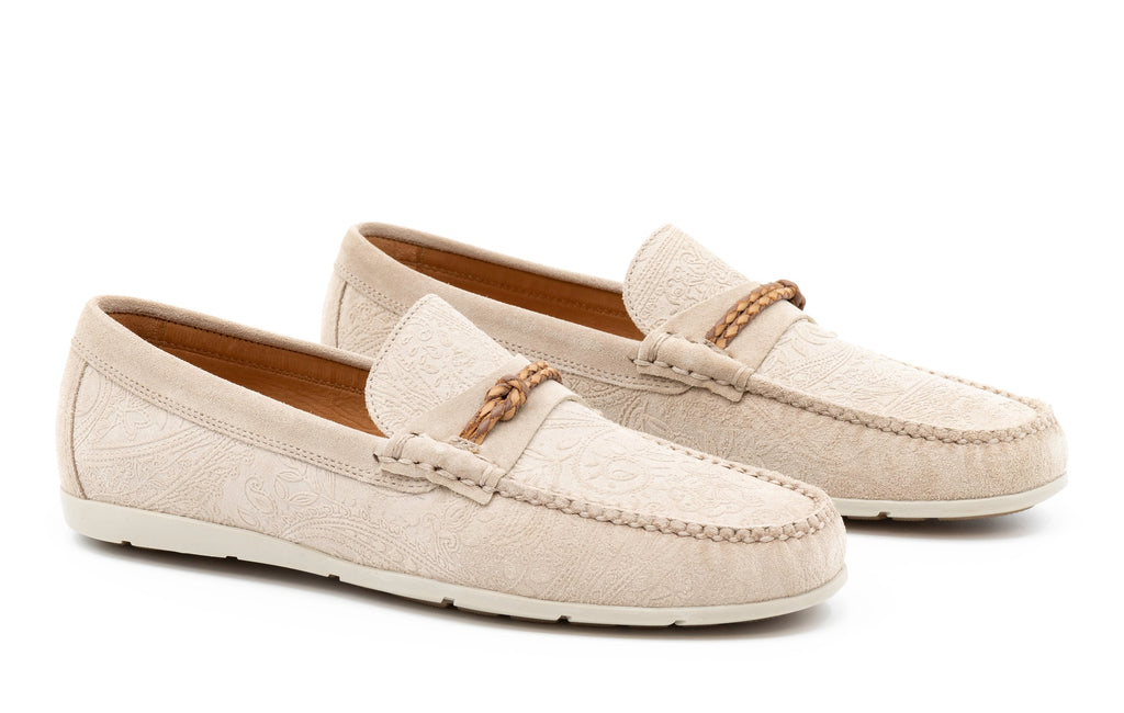 Jaden Paisley Water Repellent Suede Leather Braided Knot Loafers - Pearl